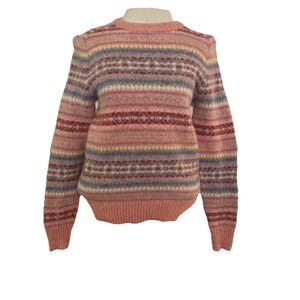 J. CREW Brushed Wool Crewneck Sweater Pink Fair Isle size small pink